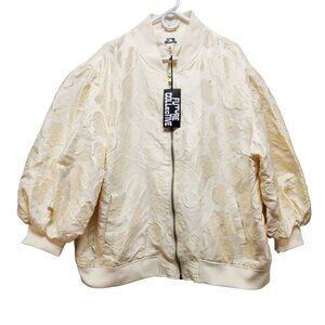 Future Collective Womens Floral Textured Bomber Jacket Size 1X Off-white